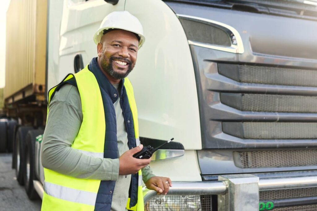 Construction worker in shipping business by delivery truck in shipyard. Black man truck driver with.