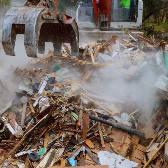 broken house after tragedy excavator disassembles structure tornado