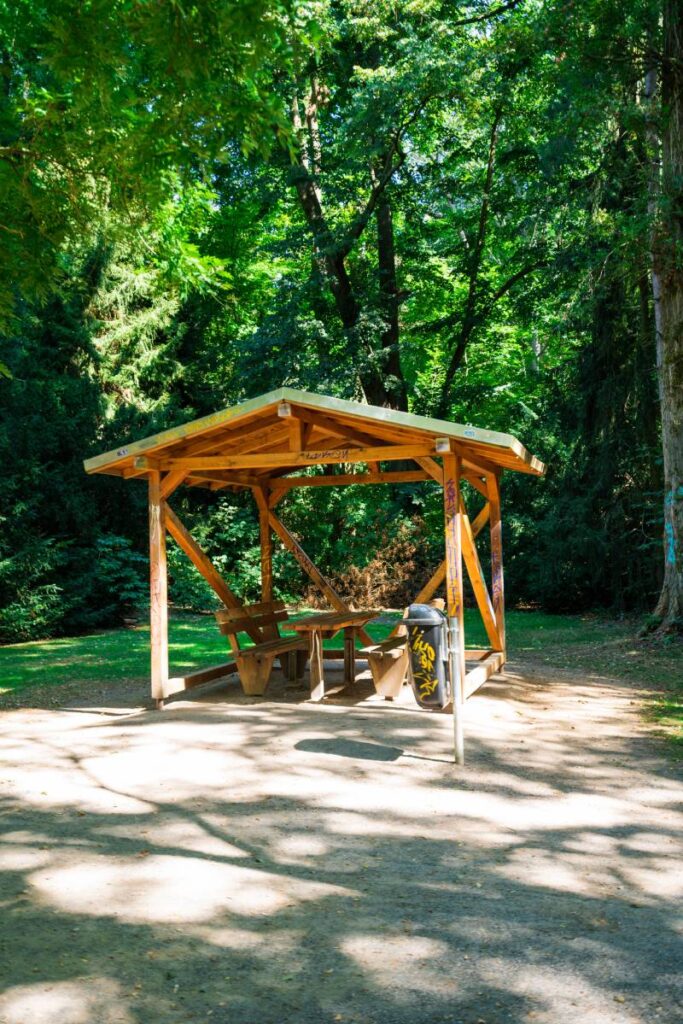 Wooden gazebo structure  in forest. Empty Bench On Field By Trees