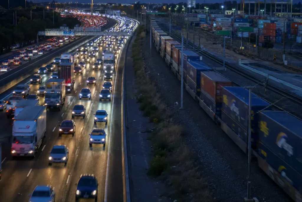 Aerial view of a congested Australian motorway at dusk with cars moving alongside a parallel freight rail line.