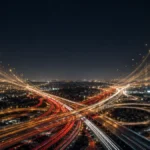 A dramatic night view of an Australian highway interchange where traffic light trails curve upward to form glowing financial graphs.