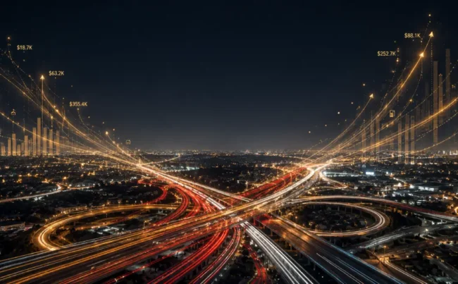 A dramatic night view of an Australian highway interchange where traffic light trails curve upward to form glowing financial graphs.