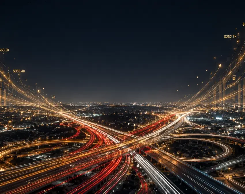A dramatic night view of an Australian highway interchange where traffic light trails curve upward to form glowing financial graphs.