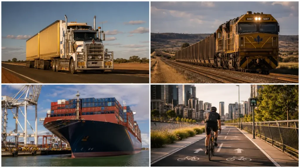 A four-panel grid illustrating Australian transport modes: a B-double truck, a freight train, a container ship, and an urban cyclist.